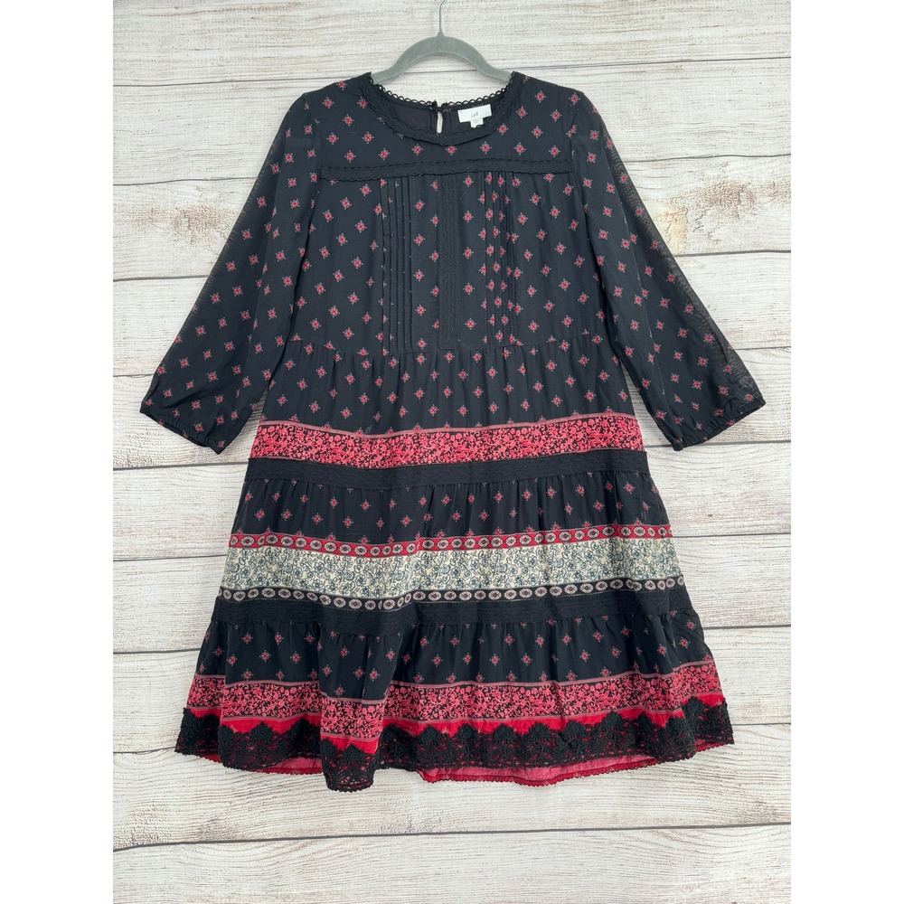 J. Jill Tiered Dress Womens Small Black Red Floral Boho Lace Trim WDR161771